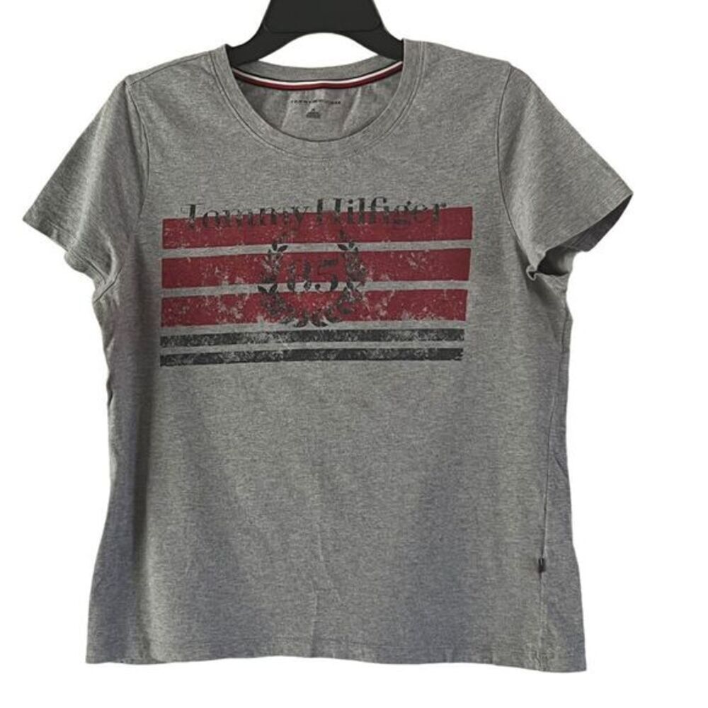 Tommy Hilfiger Women's Gray Graphic‎ T-Shirt Casual Cotton Logo Tee Size M